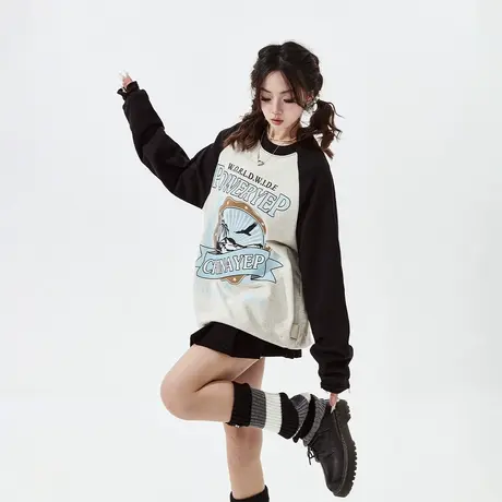 YEP拼接插肩袖卡通印花卫衣女春秋2025新款复古情侣宽松无帽上衣图片