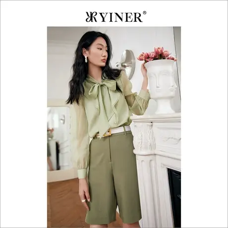 YINER音儿线上专选女装2022春半透灯笼袖蝴蝶结飘带衬衫商品大图