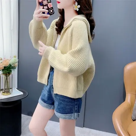 短款小个子海军领拉链毛衣外套女春秋2024年新款纯色针织开衫上衣商品大图