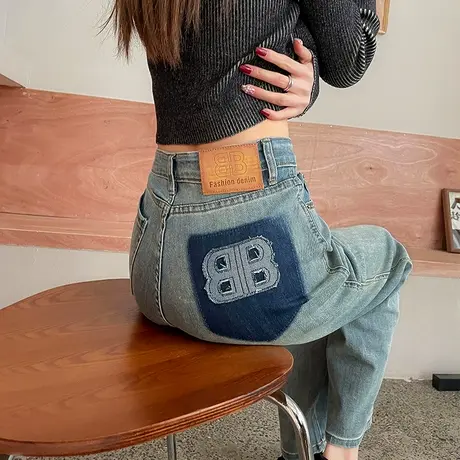 美式窄版阔腿牛仔裤女2024春秋新款高腰宽松显瘦垂感直筒拖地裤子商品大图