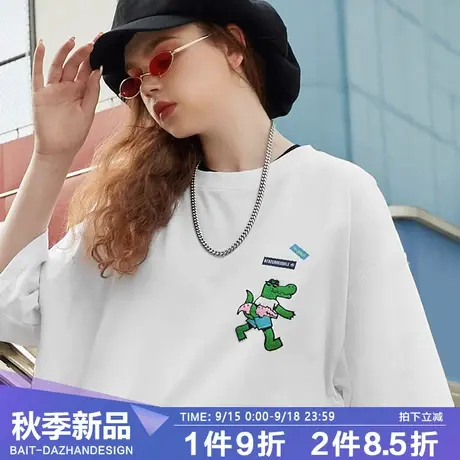 卡通潮牌短袖t恤男美式复古简约百搭鳄鱼印花白色纯棉基础款商品大图