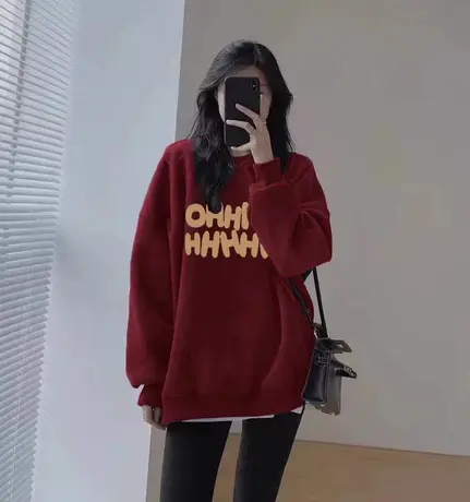 冬季国潮卡通圆领卫衣大码胖mm宽松遮肚加绒外套ins潮高级感上衣商品大图