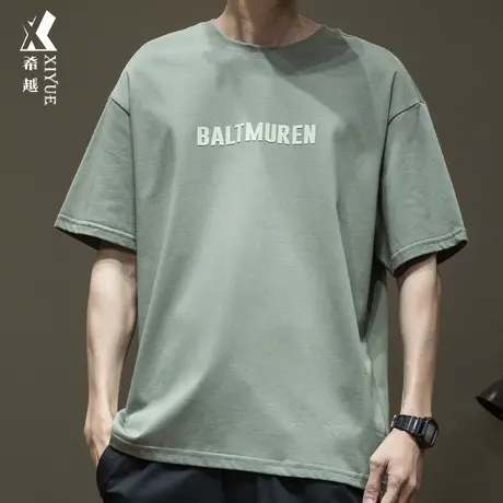 希越绿色纯棉短袖T恤男春夏重磅260g宽松大码男士三本针圆领上衣商品大图