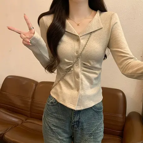 polo领不规则褶皱长袖t恤女春秋内搭外穿修身初春打底衫正肩上衣商品大图