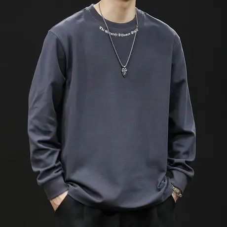 潮牌长袖t恤男纯棉宽松大码2024新款男士重磅圆领内搭衣服春秋季商品大图