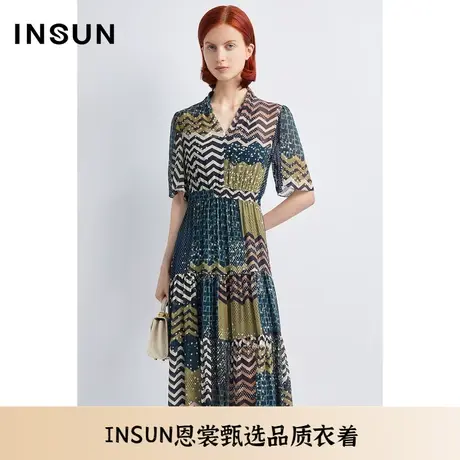 INSUN恩裳秋季高腰几何艺术感印花连衣裙图片