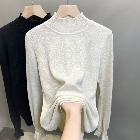 蕾丝半高领毛衣女打底衫2024春秋新款宽松外穿针织衫内搭洋气上衣图片