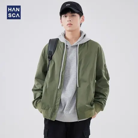 hansca飞行员夹克秋冬款军绿色美式复古纯棉宽松休闲棒球服外套潮商品大图
