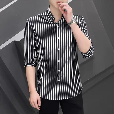 七分袖翻领衬衫男士装上衣夏季潮流时尚休闲商务条纹短袖衬衣衣服商品大图