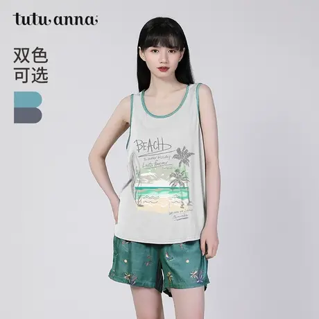 tutuanna春夏睡衣女家居服black棉质亲肤透气印花背心短裤套装女图片