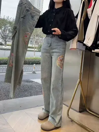 2024春季新款国风刺绣窄版直筒牛仔裤女显高显瘦百搭高腰阔腿裤女商品大图