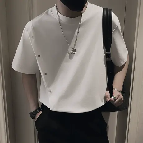 潮牌短袖T恤男夏季重磅拼接假两件半袖t恤男装纯色个性体恤半截袖图片