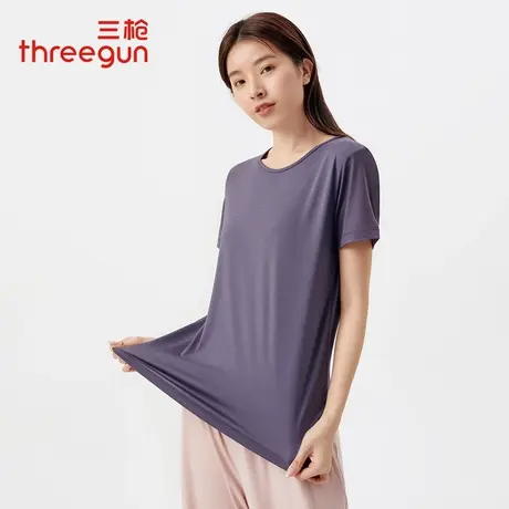 三枪T恤女士夏季凉感莫代尔隐条圆领短袖女衫简约纯色打底衫汗衫商品大图