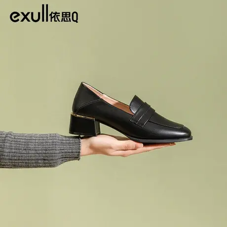 依思q皮鞋女黑色2024春季新款英伦风粗跟方头软皮中跟单鞋工作鞋商品大图