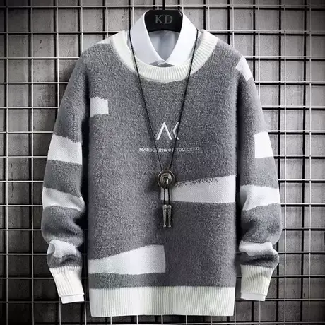 毛衣男士秋冬季韩版潮流宽松水貂加绒加厚线衣2023新款打底针织衫商品大图