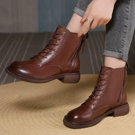 时尚平底加绒绑带马丁靴2023低跟平底大码女靴41一43秋季新款短靴图片