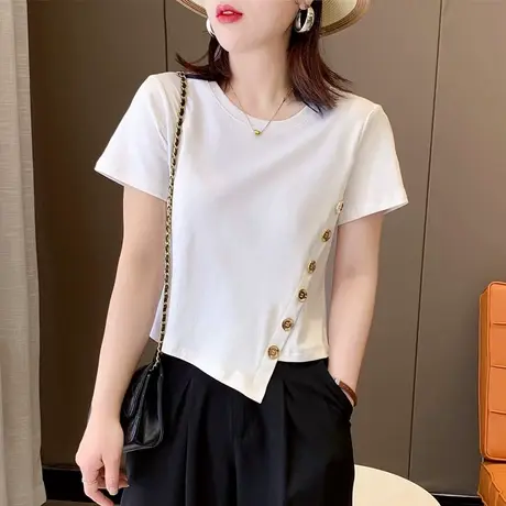 欧货设计感小众白色T恤女短袖夏季2023年新款韩版不规则短款上衣图片