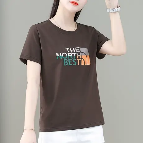 圆领纯棉t恤女2023年夏装新款时尚洋气常规款上衣修身显瘦体恤衫商品大图