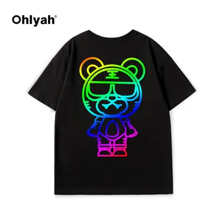 Ohlyah黑色圆领短袖女纯棉炫彩大头老虎印花夏季新款闺蜜装t恤潮商品大图