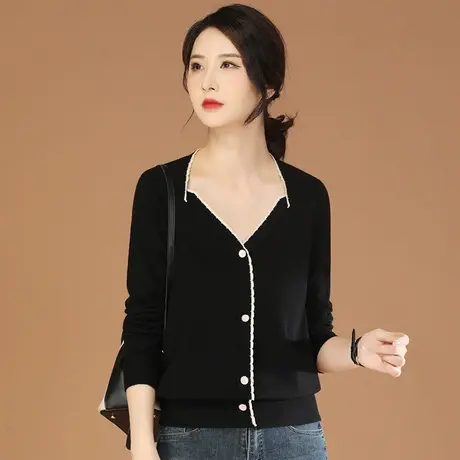 韩潮袭人V领长袖黑色针织衫女2023秋季新款休闲百搭打底衫毛衣图片