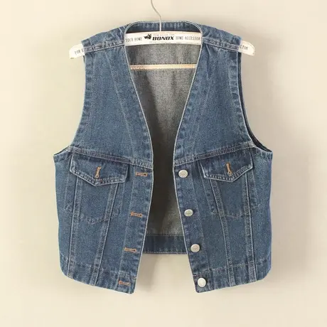 牛仔马甲女背心短款2023春秋新款无袖休闲小外搭修身V领坎肩深蓝图片