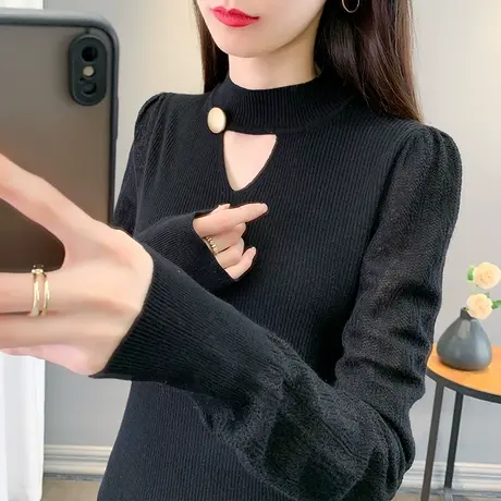 半高领毛衣女套头2023秋冬新款蕾丝针织衫外穿镂空上衣内搭打底衫商品大图