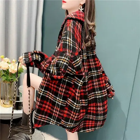 格子衬衫女春秋韩国复古中长款拼色长袖毛绒衬衣宽松加厚毛呢外套商品大图