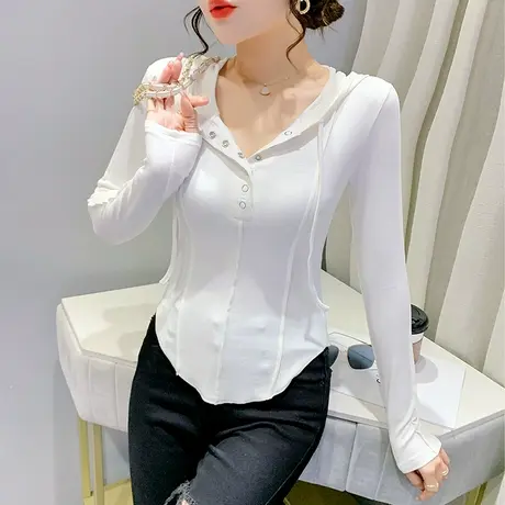 白色打底衫女装2023新款潮设计感洋气连帽上衣修身显瘦T恤女长袖商品大图