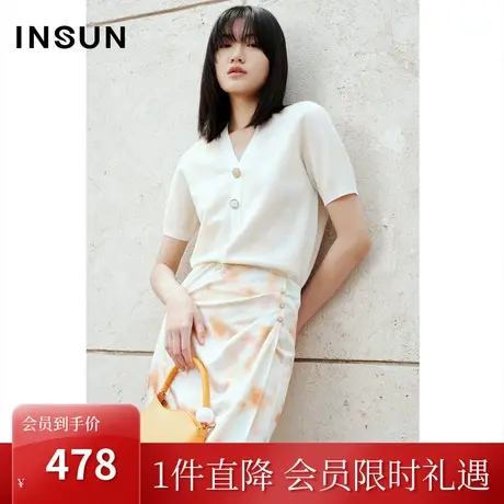 恩裳COVER2023夏新款气质净色格纹提花肌理感舒适棉质优雅针织衫商品大图