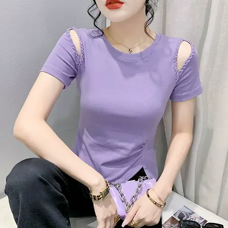 设计感不规则T恤女短袖2023夏新款时尚洋气露肩上衣收腰显瘦小衫商品大图