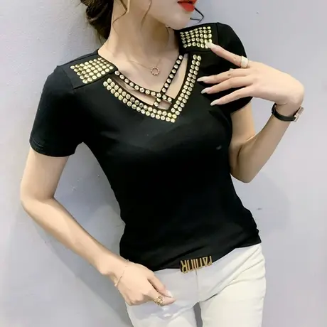 设计感铆钉T恤女短袖2023夏装新款性感V领小衫洋气百搭修身上衣潮商品大图