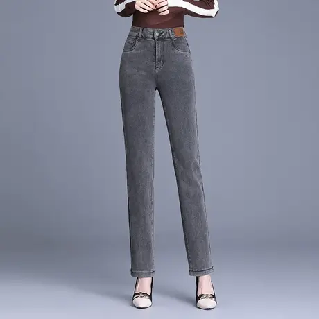 烟灰色直筒牛仔裤女2023秋季新款高腰显瘦弹力长裤通勤百搭休闲裤图片