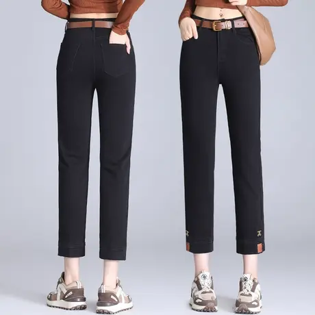 简约直筒牛仔小黑裤女秋款高腰拼接修身小脚裤大码弹力百搭烟管裤商品大图