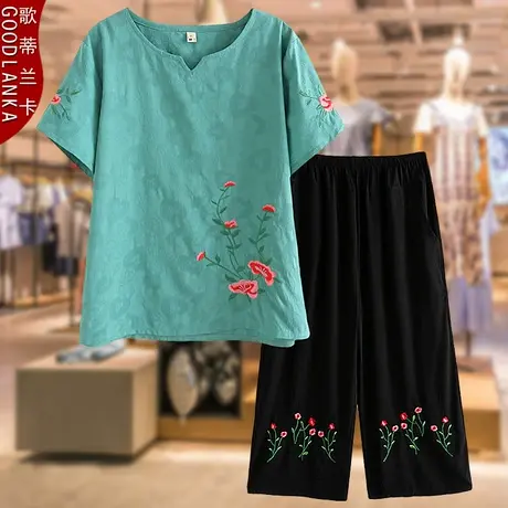 中老年女装妈妈装夏装套装绣花短袖上衣母亲节八分裤子休闲两件套商品大图