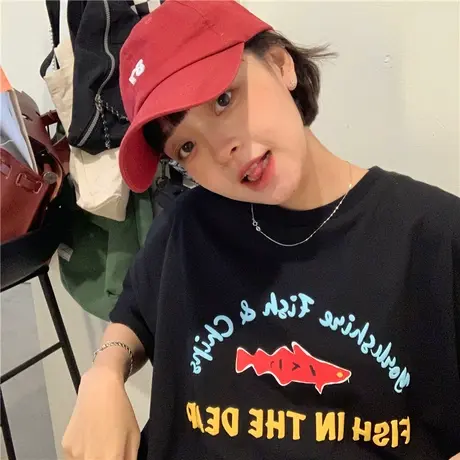 红续美式复古印花短袖t恤女夏新款宽松显瘦落肩圆领oversize上衣图片