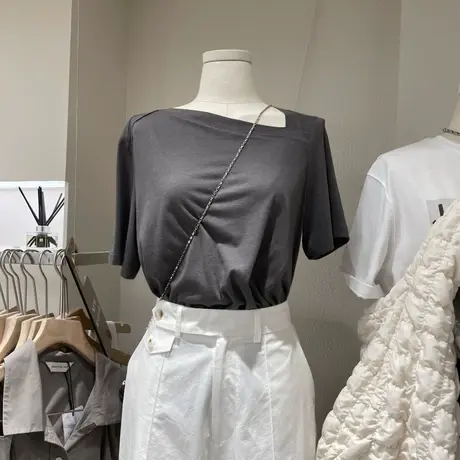 短袖t恤女2021夏季新款韩版ins潮斜领设计感不对称显瘦百搭上衣服图片