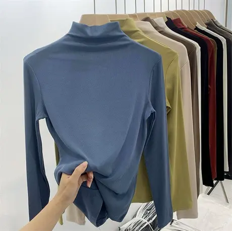 半高领打底衫女长袖T恤春秋冬季新款白色高领螺纹内搭面膜上衣商品大图