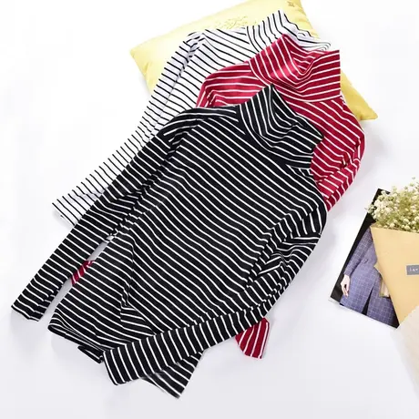 2023年春秋冬季新款高领条纹上衣洋气百搭内搭打底衫女装长袖t恤图片