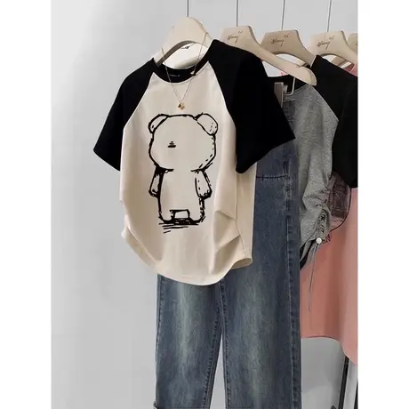 可爱小熊印花T恤短袖女夏季小个子短款宽松显瘦插肩袖撞色上衣服商品大图