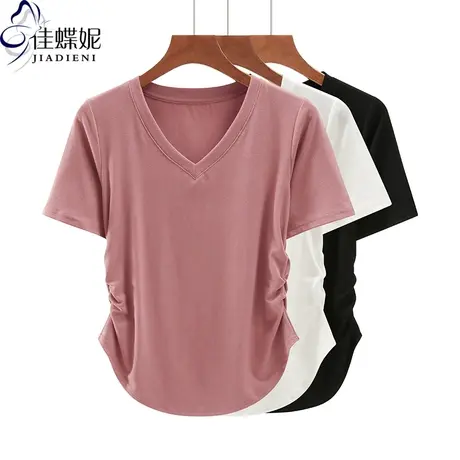 夏季新款韩版V领修身纯棉克莱因蓝褶皱短袖体恤上衣内搭女打底衫商品大图