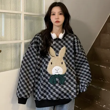 早春千鸟格卫衣女2022新款春秋薄款潮牌ins韩版宽松bf慵懒风外套图片