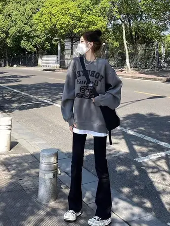 圆领卫衣女春秋薄款灰色高级感美式复古宽松慵懒风无帽上衣小个子商品大图