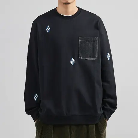 奕飏男装2022秋季新款拼接刺绣休闲圆领卫衣男士韩版宽松套头外套商品大图