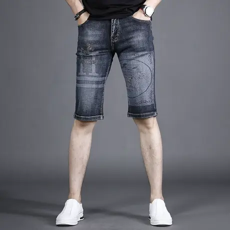 蓝色牛仔短裤男2022年夏季薄款韩版潮流潮牌修身男士个性五分短裤商品大图