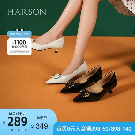 哈森 2023年春季新品欧美时尚金属方扣细跟中跟女单鞋HWS230185商品大图
