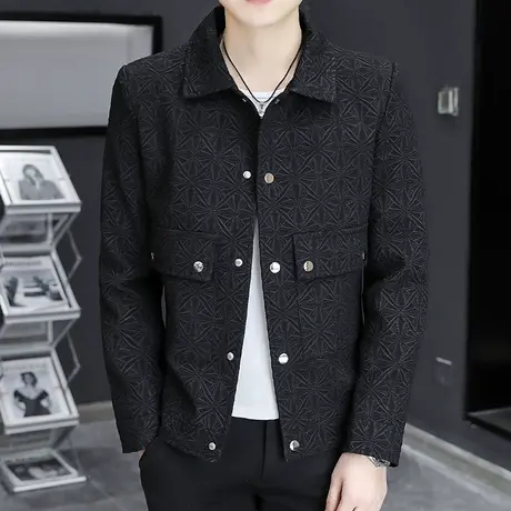 春装新款夹克暗纹抗皱短款工装夹克男休闲翻领春秋男生外套上衣潮商品大图