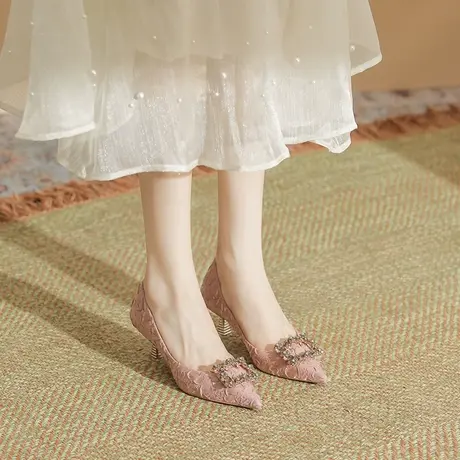 高跟鞋女细跟2023夏季小跟不累脚尖头法式配裙单鞋新款包头凉鞋图片