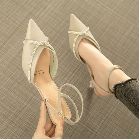 包头凉鞋女2021年新款夏季百搭水钻一字带仙女温柔细跟后空高跟鞋商品大图