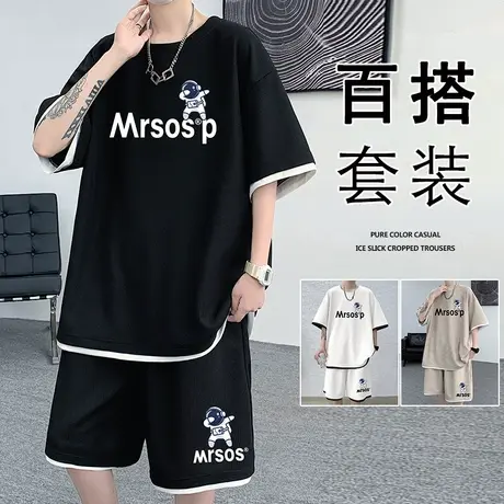 短袖套装男夏季薄款ins潮流休闲T恤运动美式短裤居家宽松两件套男商品大图