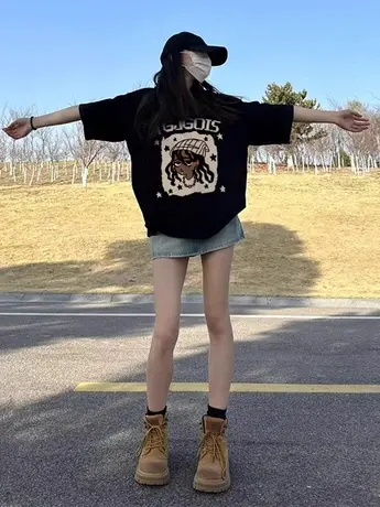 美式正肩短袖T恤女夏季新款胖mm大码宽松半袖体恤时髦上衣2-300斤商品大图